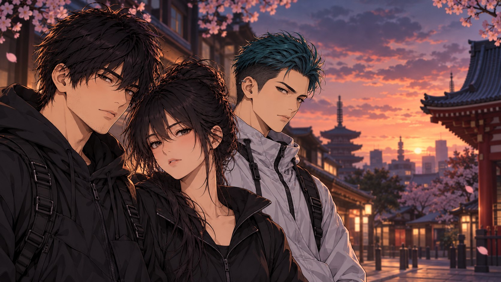 The cast of Asakusa Lockdown: Kiza with tousled black hair, Ant with her black hair tied up, and Doku with swept-back teal hair.